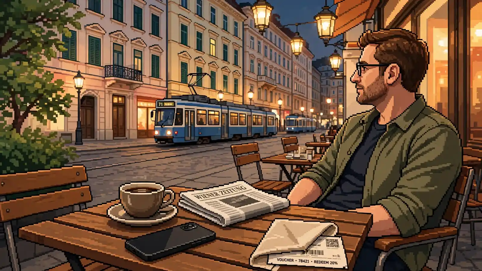 Vorbereitete Kaffeepause mit Smartphone und Gutscheincode auf einem Wiener Straßentisch bei Abendlicht