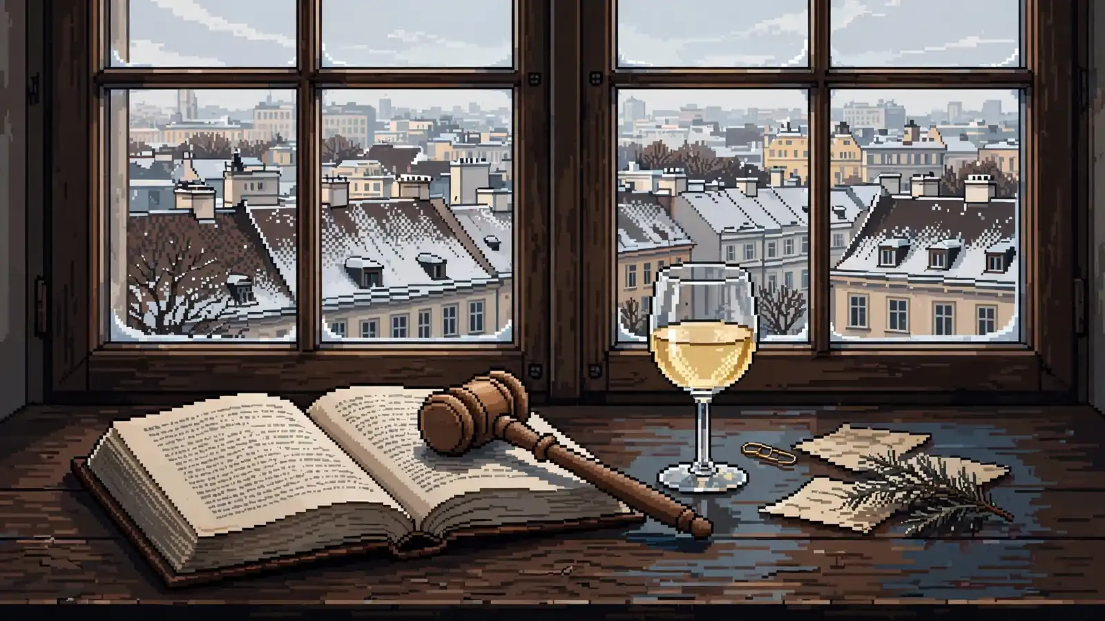 Richterhammer und Gesetzbuch auf einem Schreibtisch mit Wiener Altstadtblick.
