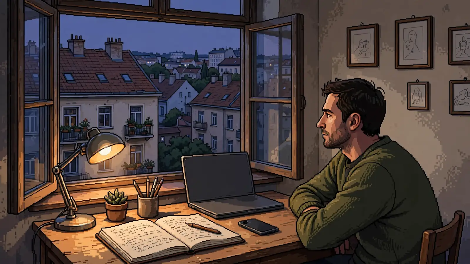 Person am Schreibtisch in Wiener Wohnung mit zugeklapptem Laptop und Notizbuch bei Dämmerung