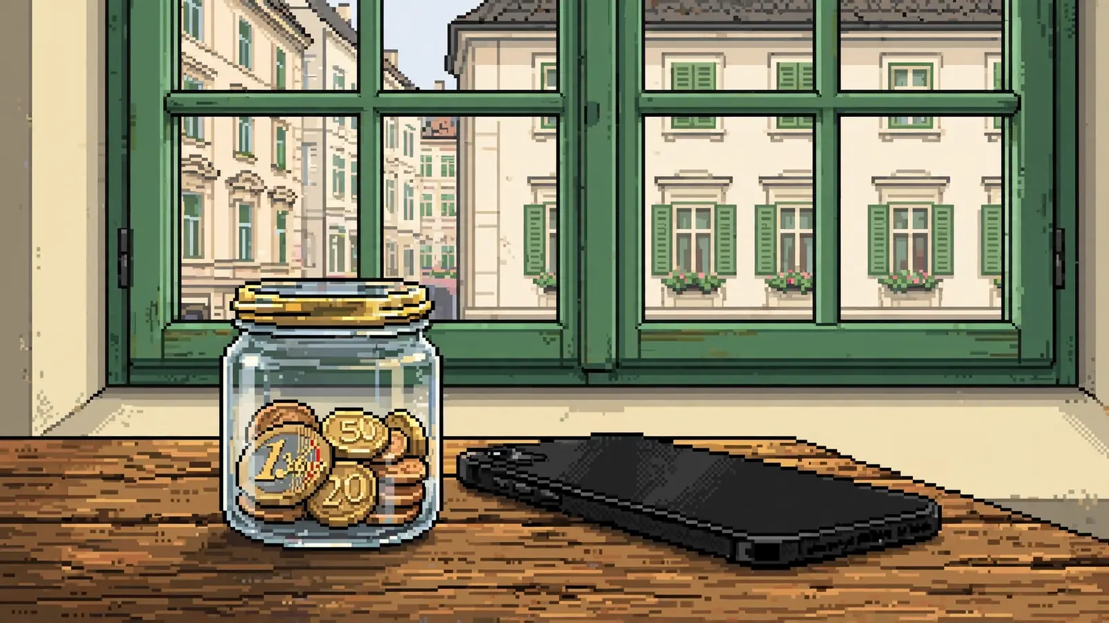 Glas mit Münzen neben Smartphone, Wiener Wohnung mit Blick auf Fassade