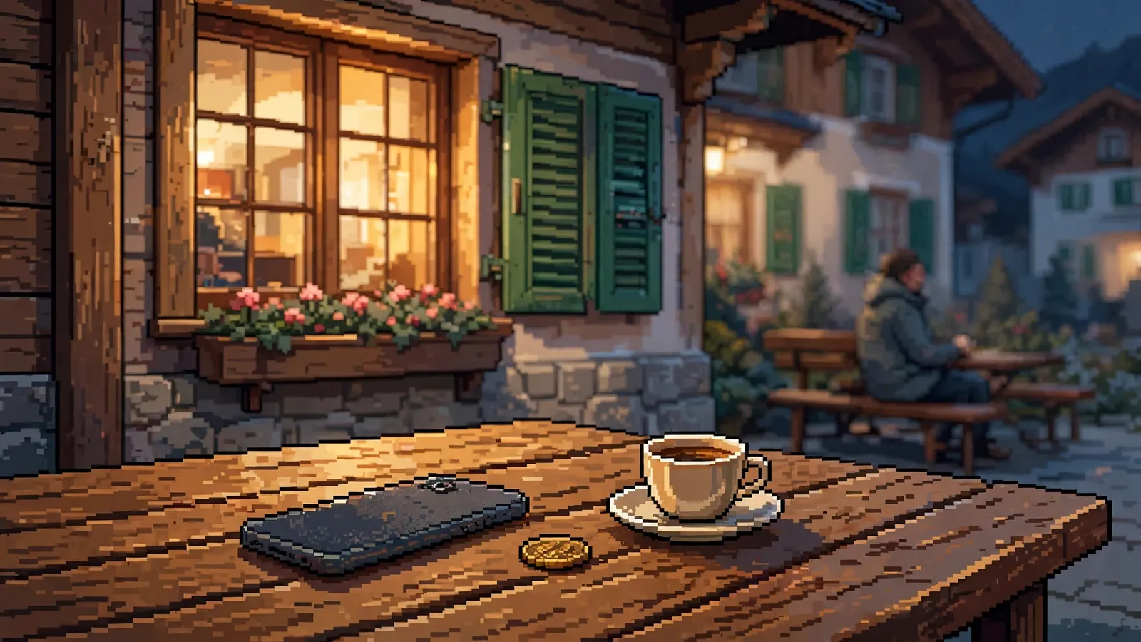 Smartphone mit Euro-Münze auf einem Holztisch in einem österreichischen Café am Abend.