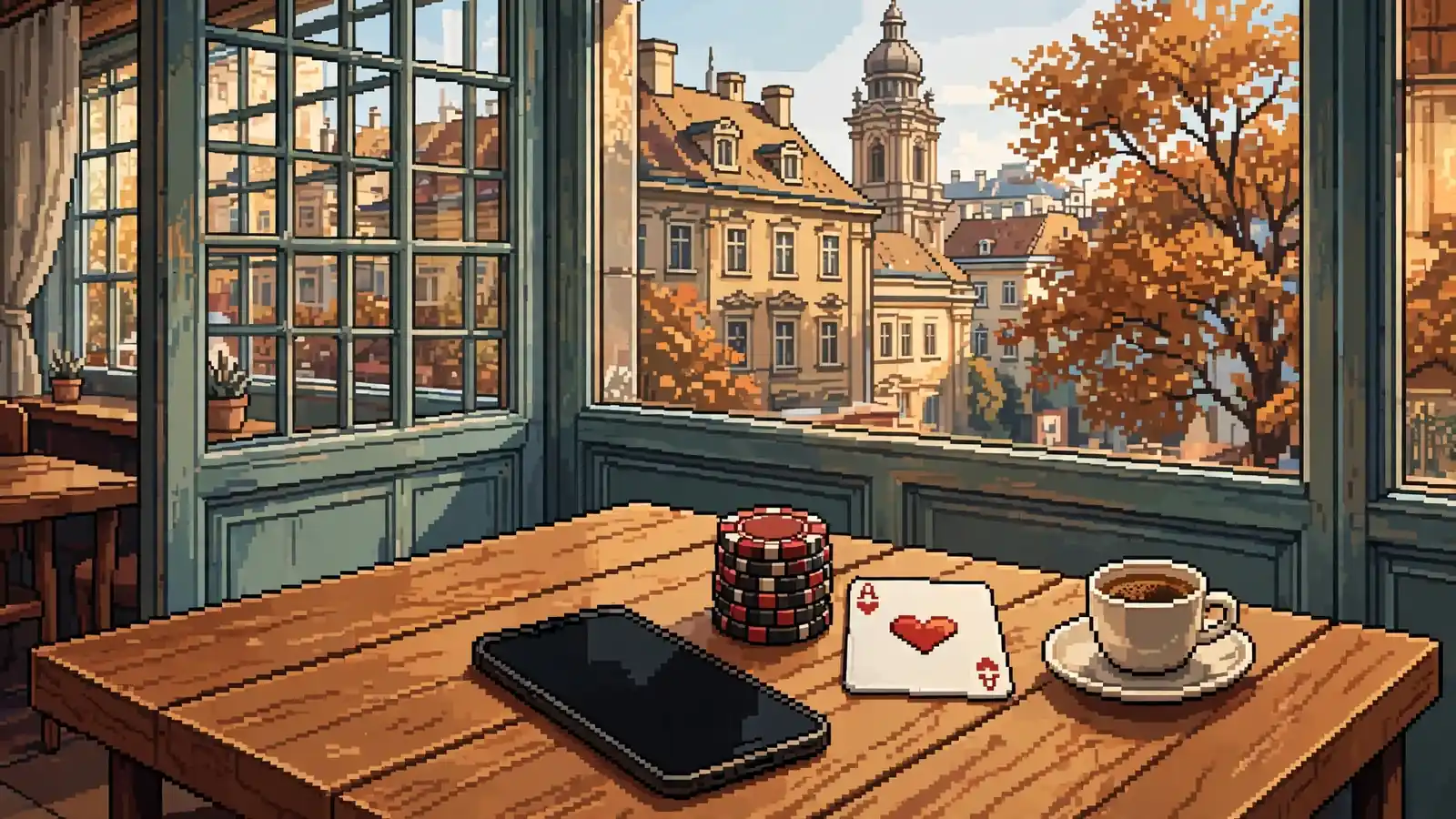 Smartphone mit Casino-Chips und Espresso auf Wiener Cafétisch