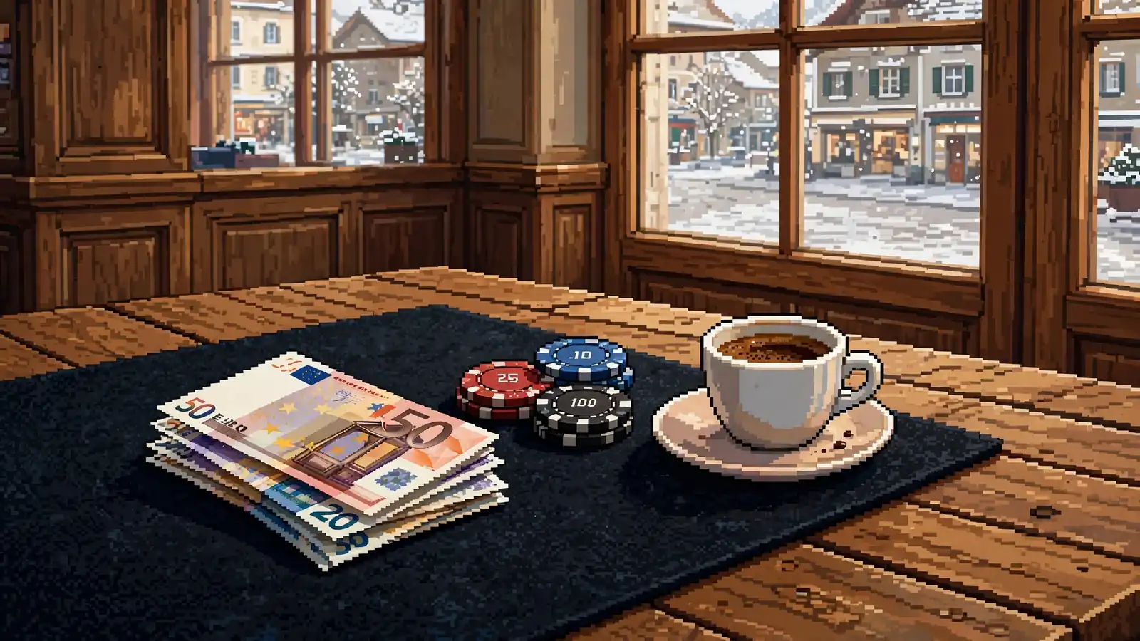 Euro-Geldscheine und Casino-Chips auf einem Tisch in einem Wiener Café.