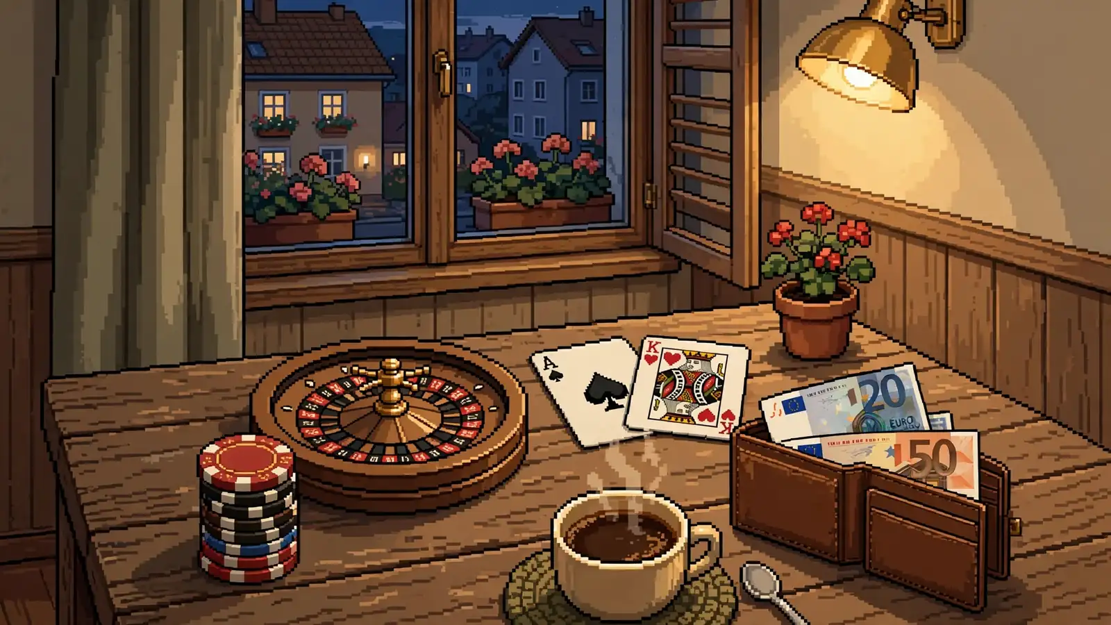 Casino-Chips, Roulette und Geldbörse auf einem Tisch mit warmer Beleuchtung