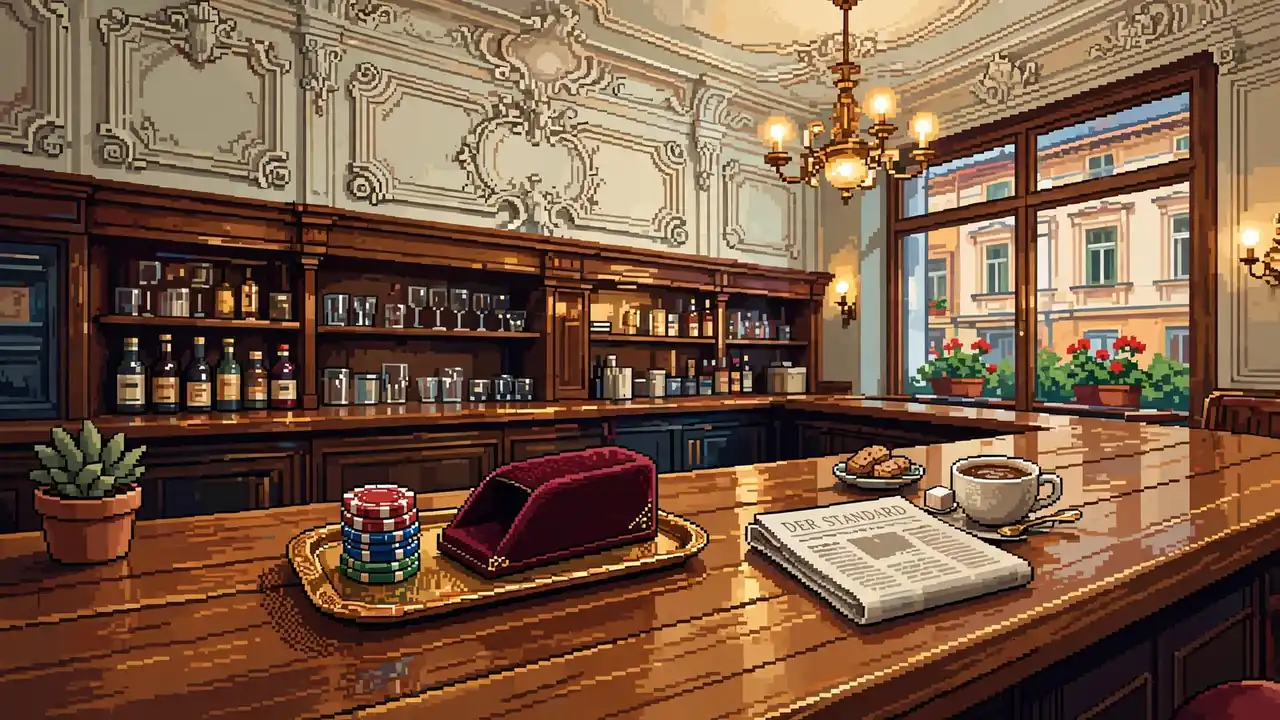 Wiener Kaffehaus-Theke mit Casino-Chips und Kartenschuh unter warmem Kronleuchter.