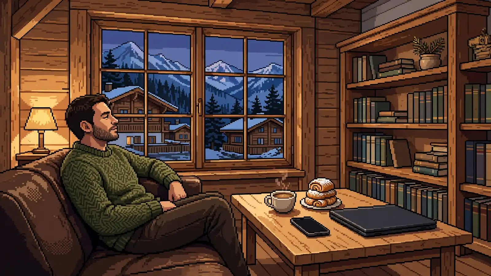 Gemütlicher Abend in einem österreichischen Wohnzimmer mit Smartphone und Laptop auf dem Tisch.
