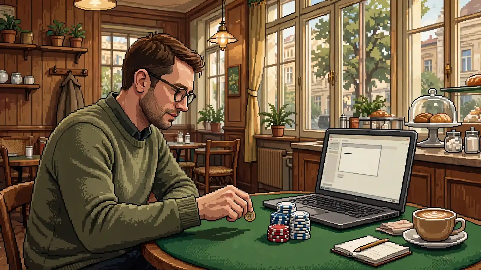 Österreichischer Spieler setzt kleine Euromünze auf Spieltisch mit Chips im Wiener Café