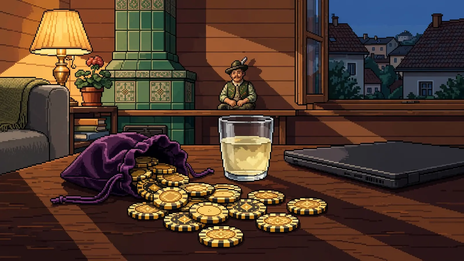 Goldene Casino-Chips auf einem Tisch in einem modernen österreichischen Wohnzimmer.