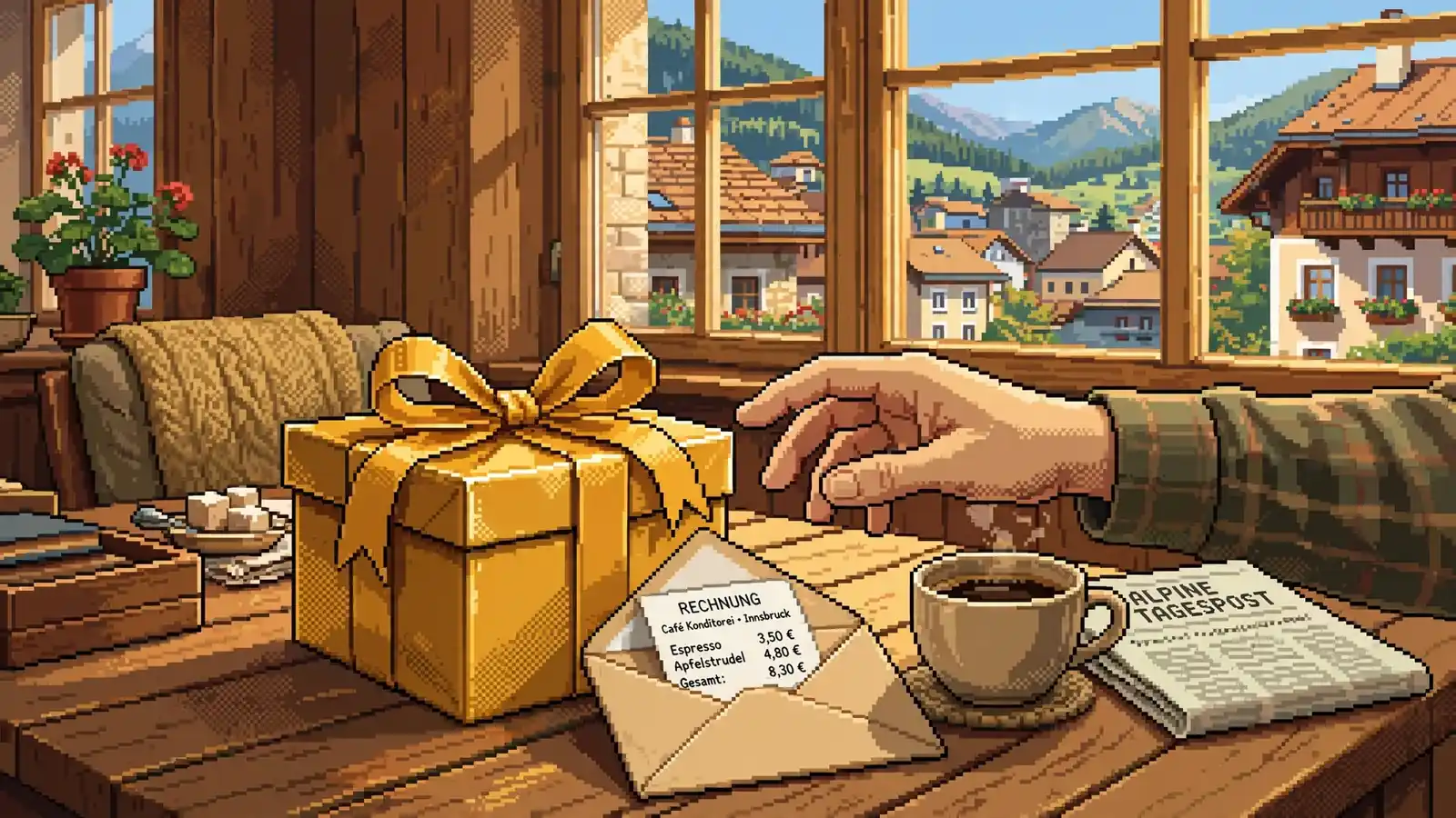 Großes Geschenk mit goldener Schleife neben kleinem Beleg auf einem Tisch in einem österreichischen Wohnzimmer