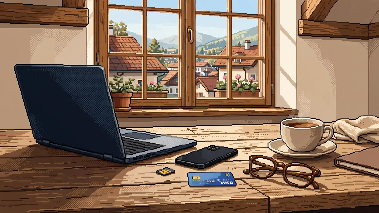 Laptop und Smartphone auf einem Schreibtisch mit SIM-Karte und Bankkarte
