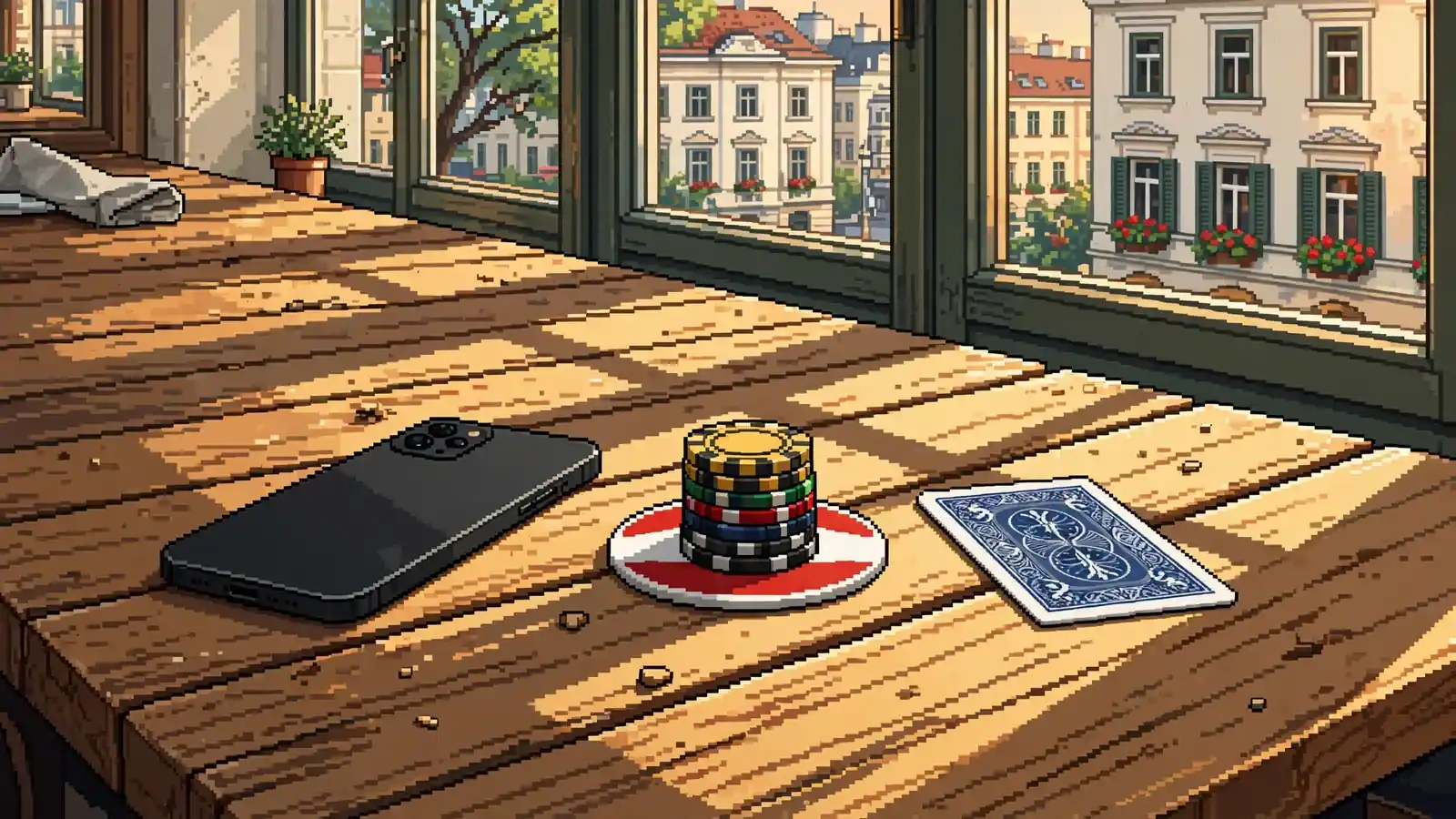Smartphone mit Casino-Chips auf einem Wiener Kaffeetisch.