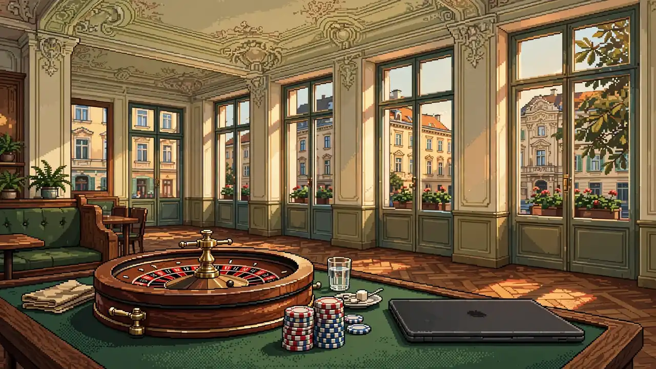 Roulette und Chips auf Tisch in Wiener Kaffeehaus mit Laptop
