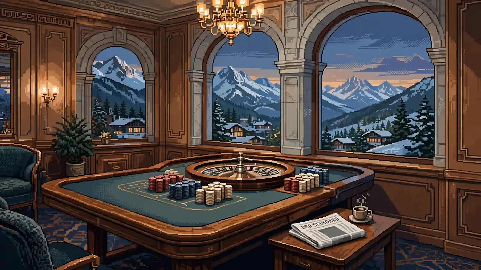 Roulette-Tisch in Wiener Casino-Lounge mit Alpenblick am Abend