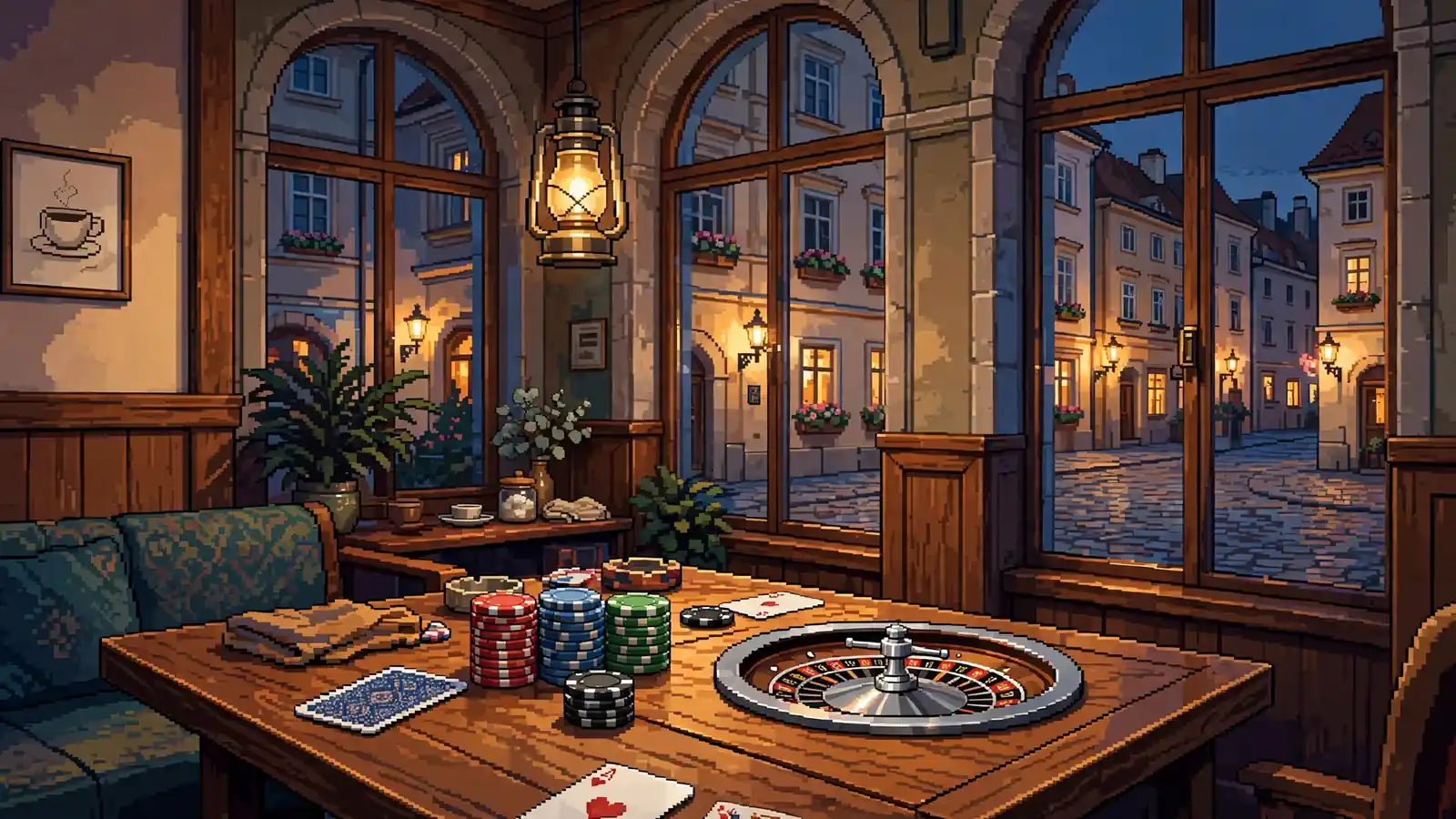 Gemütliche Wiener Spielhalle am Abend mit Roulette, Chips und Karten