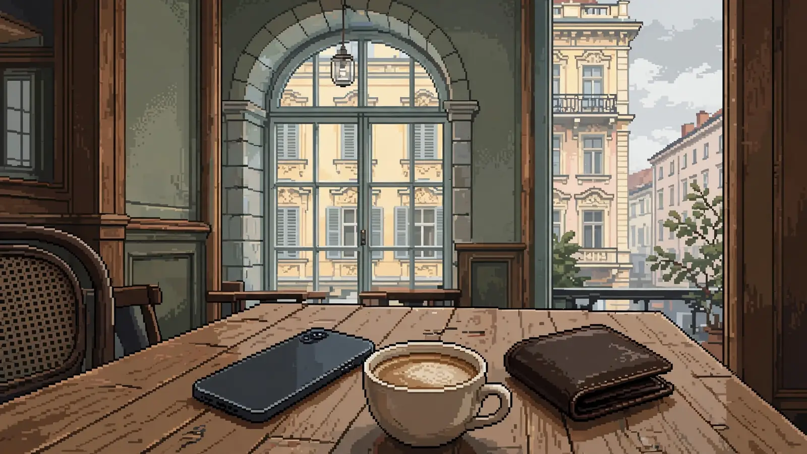 Smartphone auf Wiener Kaffehaustisch neben Melange und Geldbörse