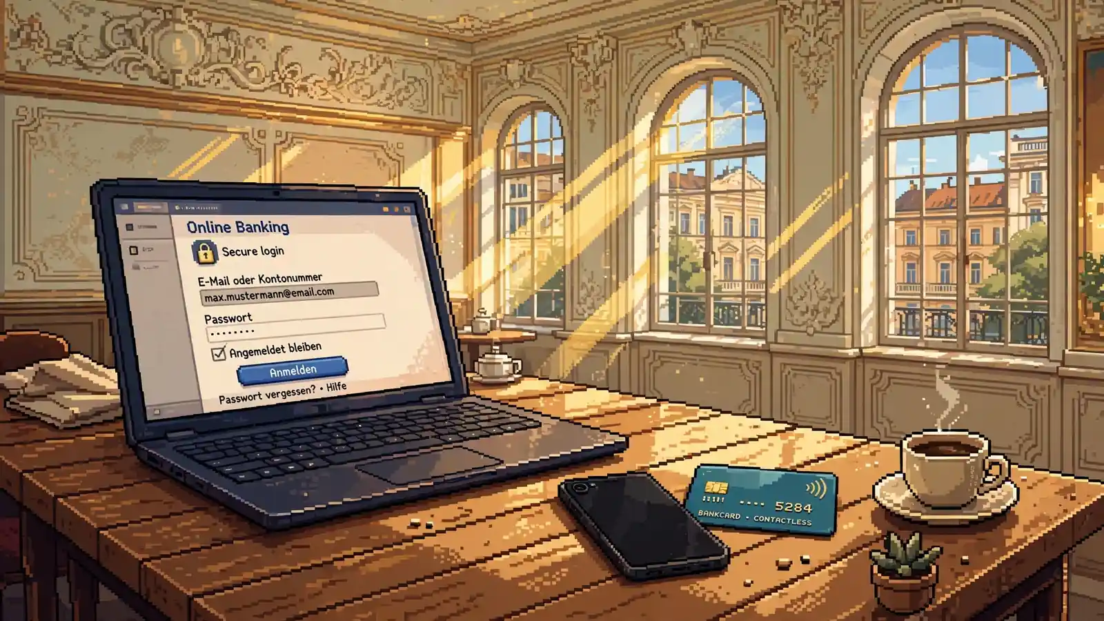 Laptop mit Bankkarte und Smartphone auf einem Tisch in einem hellen Wiener Kaffeehaus