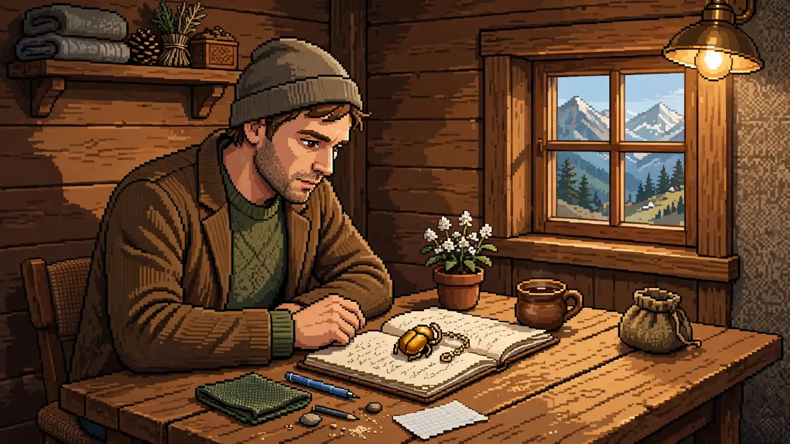 Österreichischer Spieler betrachtet einen Skarabäus-Anhänger auf einem Holztisch in einem gemütlichen alpinen Raum.
