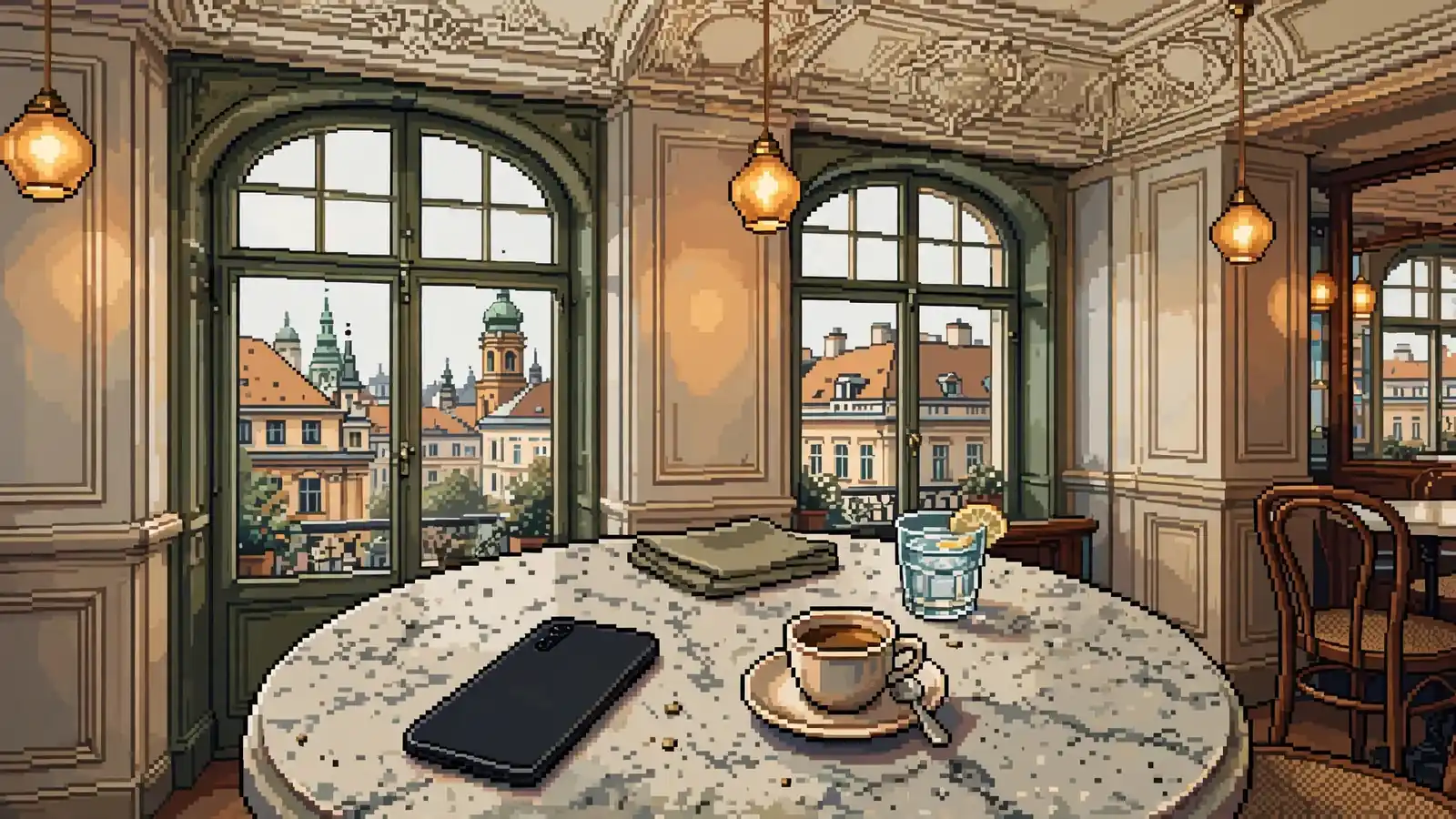 Smartphone neben Espresso in einem traditionellen Wiener Kaffeehaus mit Stuckdecke und Bogenfenstern.