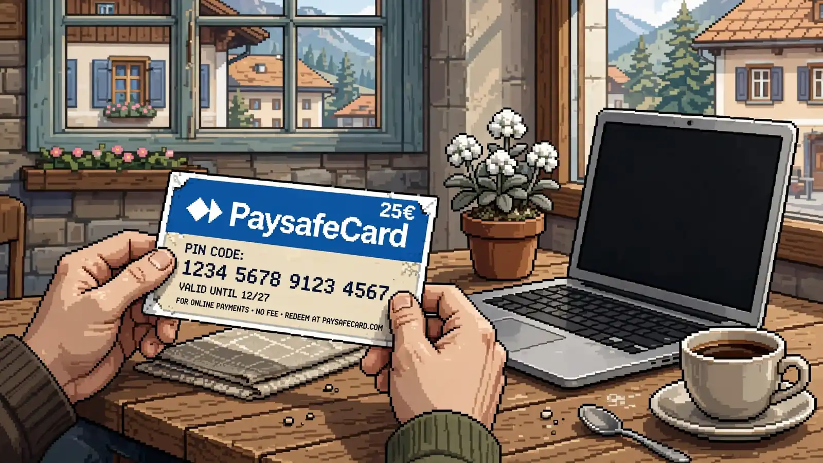 Hände halten einen Paysafecard-Gutschein auf einem Tisch in einem österreichischen Café, daneben ein Laptop.