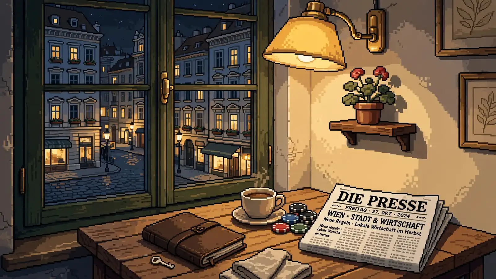 Abendliche Atmosphäre in einer Wiener Wohnung mit Casino-Chips und Notizbuch auf einem Holztisch.