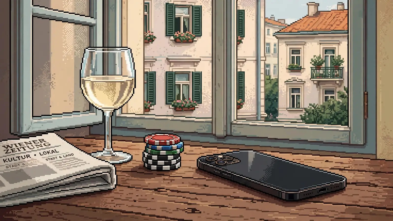 Smartphone mit Casino-Chips auf einem Tisch in einer Wiener Wohnung