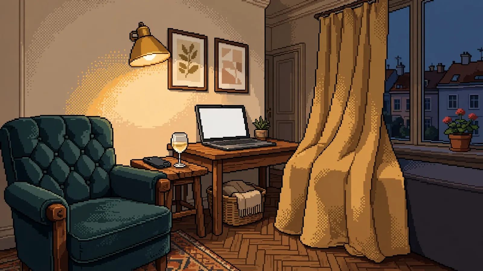 Wiener Wohnzimmer mit Smartphone und Laptop auf dem Tisch