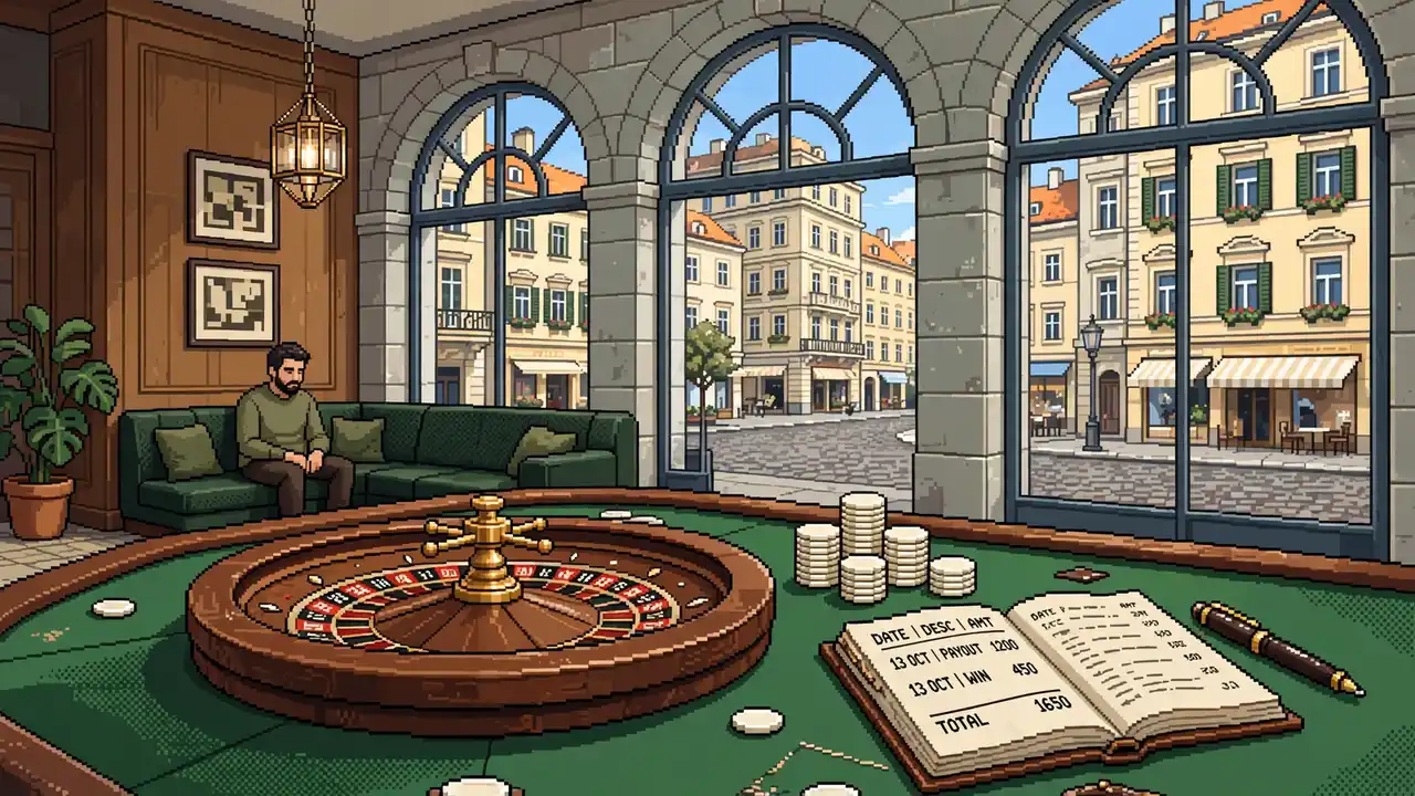 Stilvolle Wiener Spielbank-Lounge mit Roulette-Tisch, Chips und Blick auf österreichische Altstadt