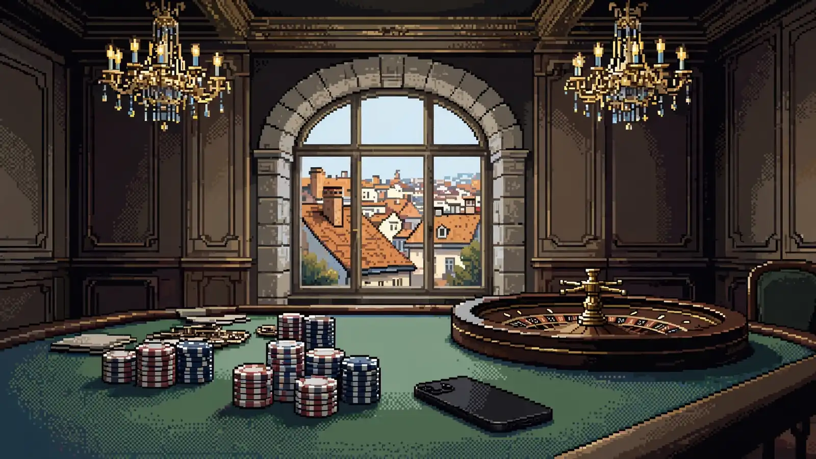 Klassischer österreichischer Casino-Saal mit Roulettrad und Spielchips, Smartphone mit abgewandtem Bildschirm
