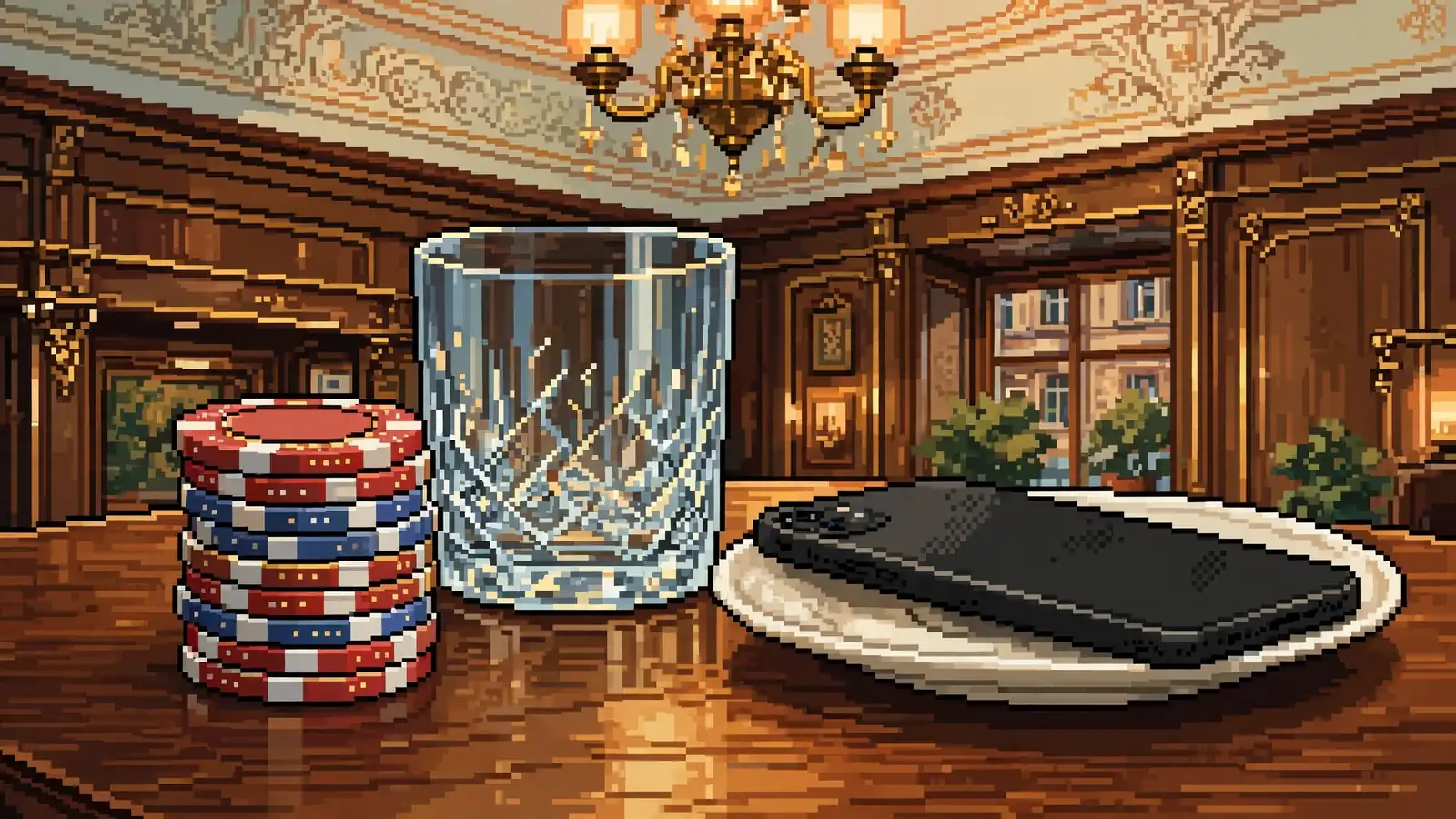 Wiener Kaffehaus-Tisch mit Casino-Spielmarken, umgedrehtem Smartphone und Kristallglas bei warmem Licht