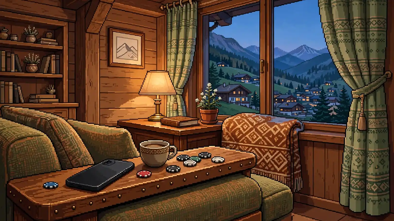 Abendliche Wohnzimmerszene mit Smartphone, Casino-Chips und Alpenblick.