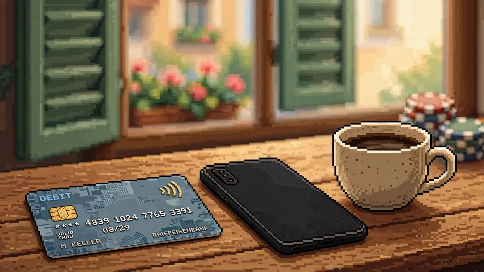 Debitkarte neben Smartphone und Casino-Jetons auf einem Tisch