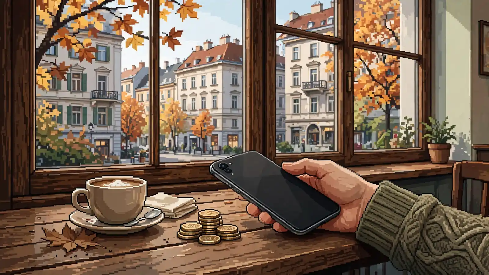Smartphone und Münzen auf einem Wiener Kaffeetisch bei Tageslicht