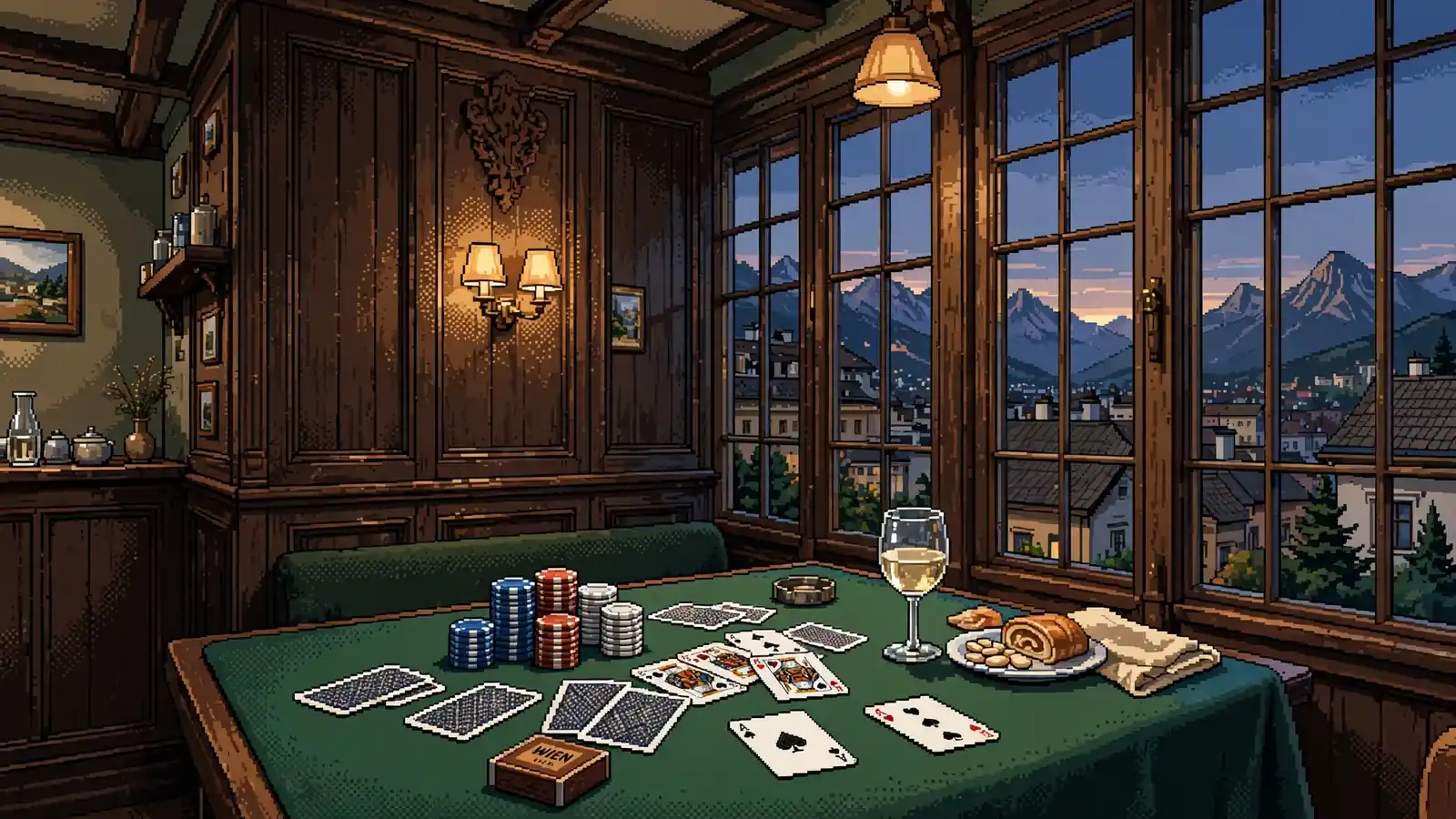 Elegantes Wiener Kaffeehaus mit Spieltisch und Spielchips