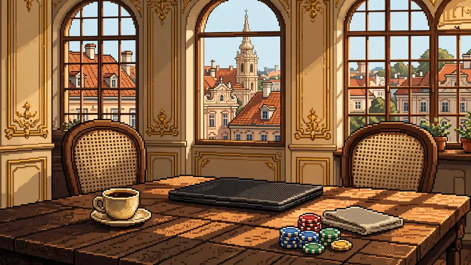 Wiener Kaffeetisch mit geschlossenem Laptop, Pokermünzen und Blick auf barocke Dächer.