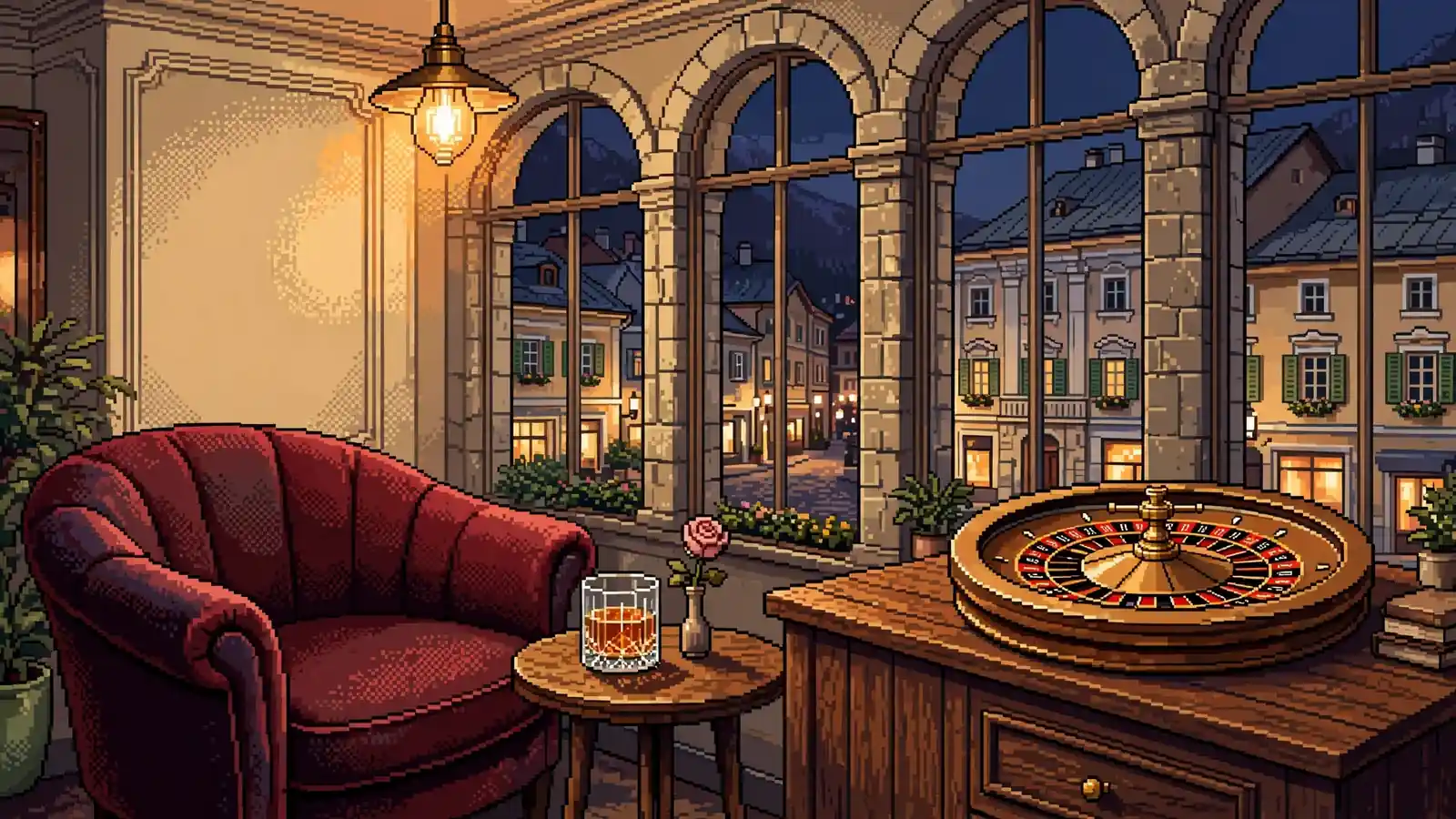 Stilisierter Wiener Abend-Salon mit Roulettekessel und Samtsessel