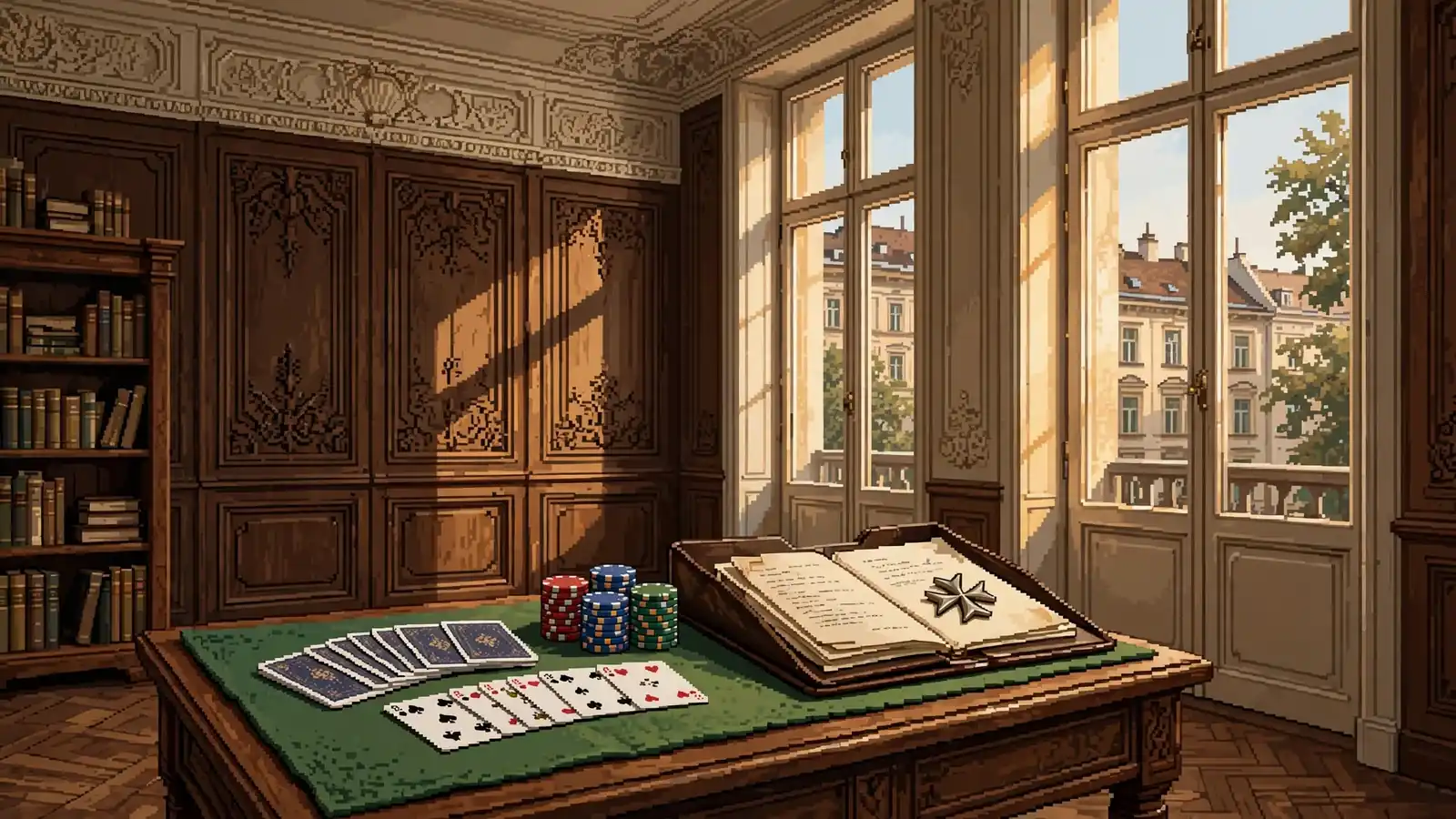 Traditionelles Wiener Arbeitszimmer mit Spielkarten, Chips und Malta-Kreuz-Anstecknadel auf einer Dokumentenmappe