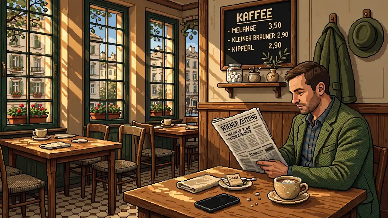 Gemütliches Wiener Café mit warmem Licht, lesende Person und Smartphone auf dem Tisch.