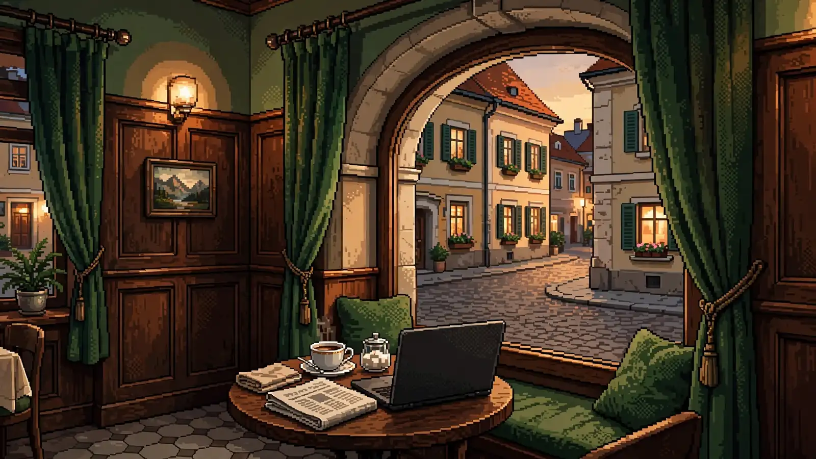 Wiener Café mit Laptop und Zeitung, traditionelles Ambiente