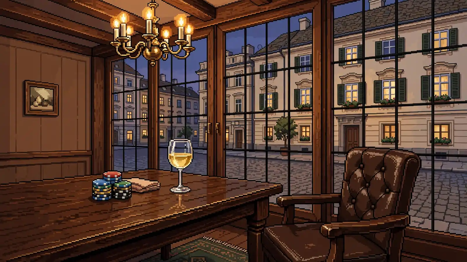 Abendliche Szene in Wiener Interieur mit Pokerchips und Blick auf österreichische Altstadt
