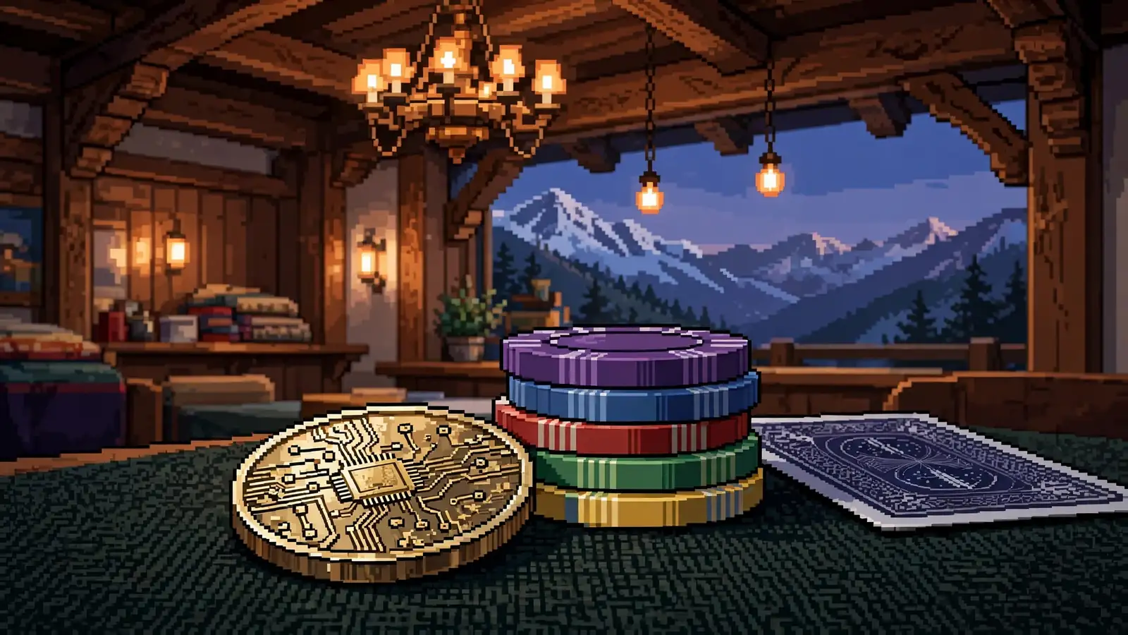 Metallische Kryptowährungs-Münze mit Casino-Chips auf Holztisch in österreichischem Gasthof