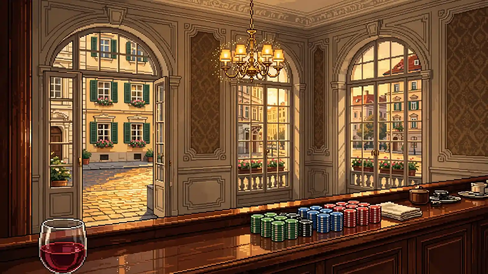 Eleganter Wiener Salon mit Chip-Stapeln auf Mahagoni-Theke und warmem Kronleuchterlicht