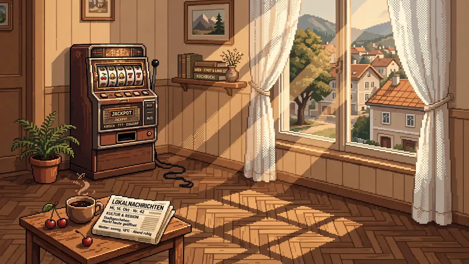 Gemütliches österreichisches Wohnzimmer mit Vintage-Spielautomat und Kaffeetasse