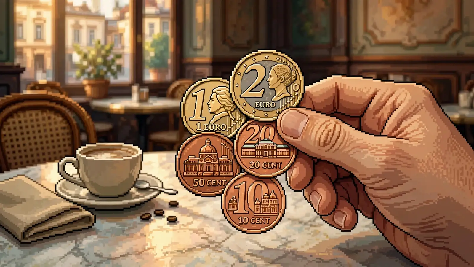 Hand mit österreichischen Euromünzen über einem Wiener Kaffeetisch