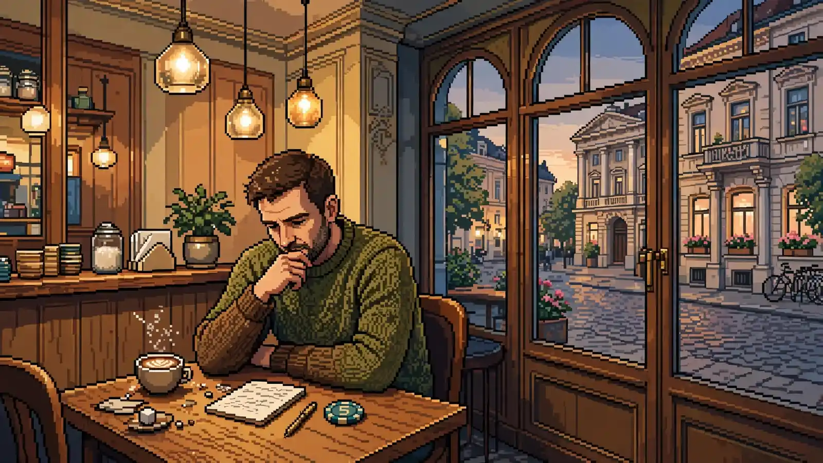 Mann in Wiener Café denkt über Spielchip und Notizbuch nach