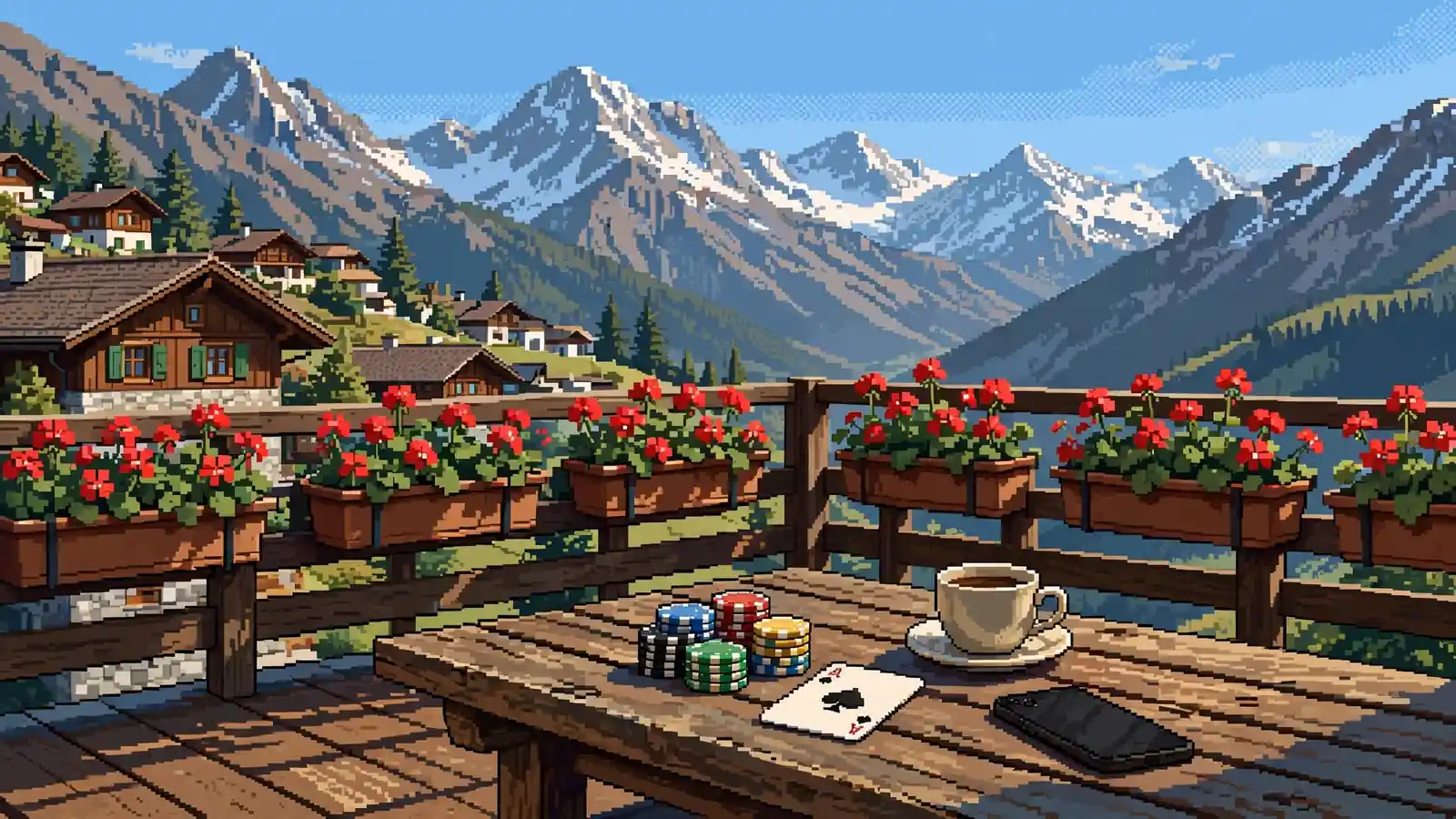 Sonnige österreichische Alpenterrasse mit Spielchips, Spielkarte und Kaffeetasse auf einem Holztisch vor verschneiten Bergen.