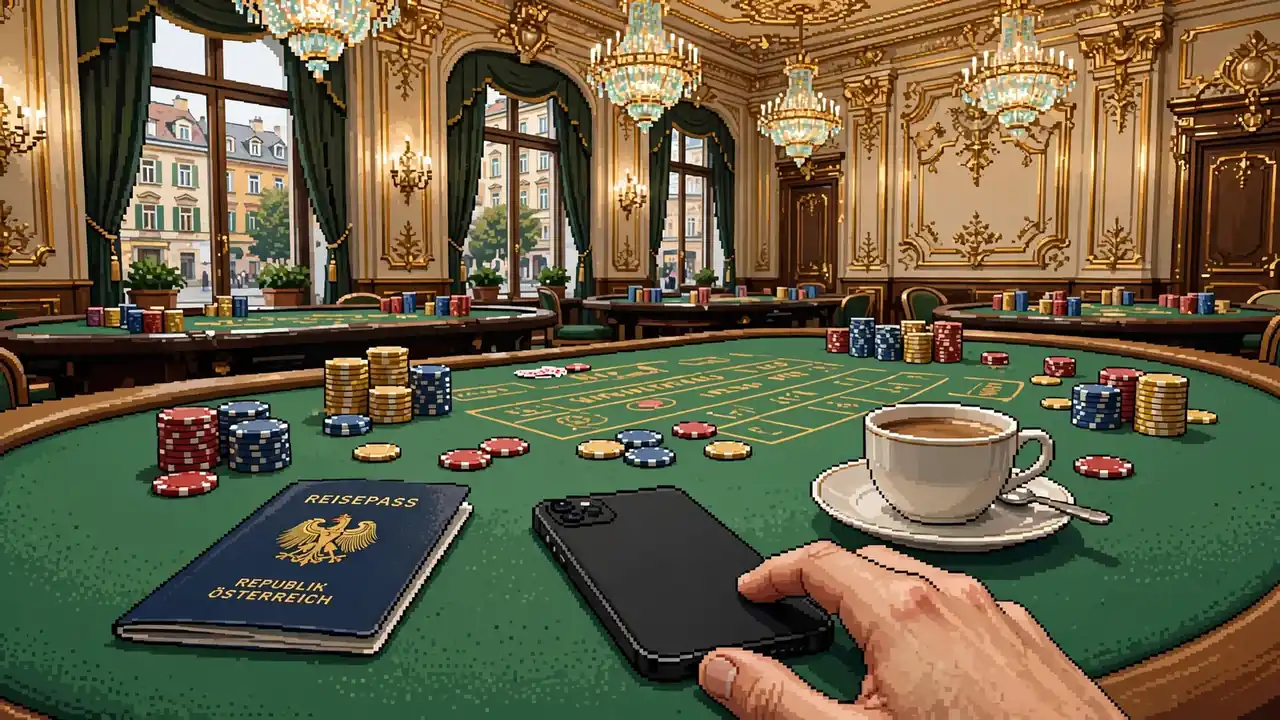 Geschmackvolles Wiener Casino mit Smartphone und Spielchips auf dem Tisch