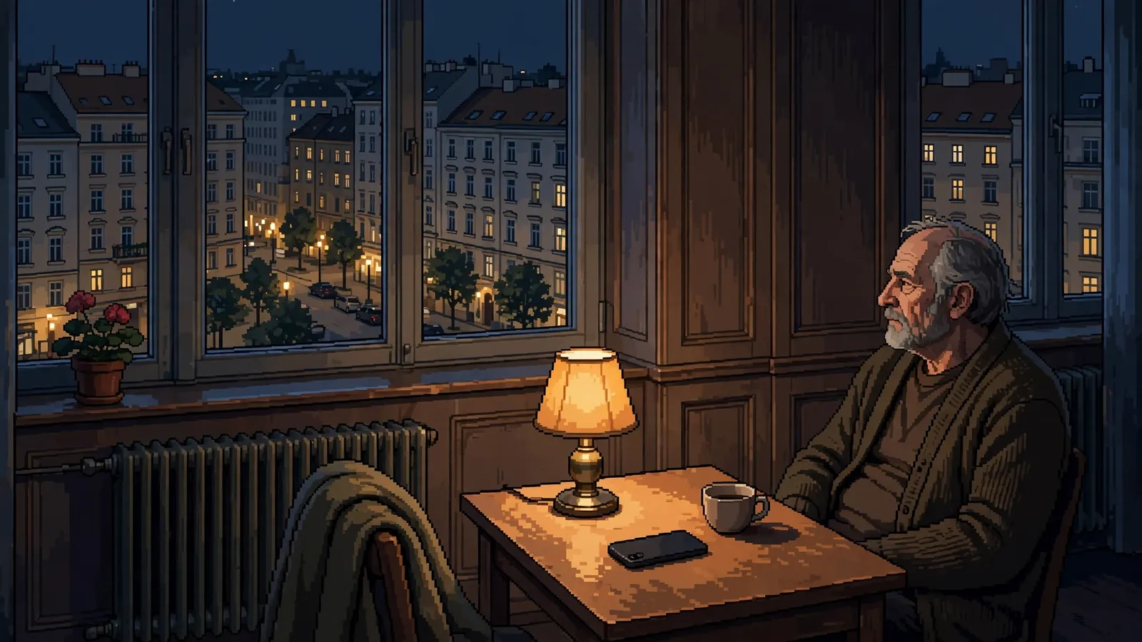 Stilles Wiener Apartment bei Nacht, Mann am Tisch mit umgedrehtem Handy.