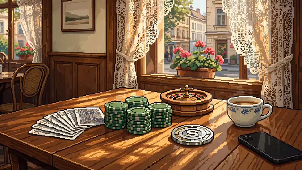 Holztisch im Wiener Café mit Spielchips, Roulette, Spielkarten und einer Krypto-Münze