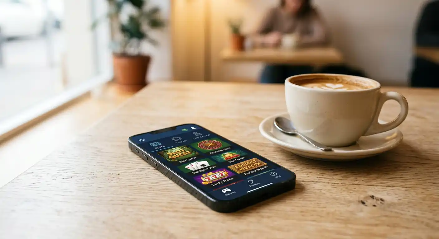 Smartphone mit Browser-Casino-Lobby neben einer Tasse Kaffee auf einem Holztisch
