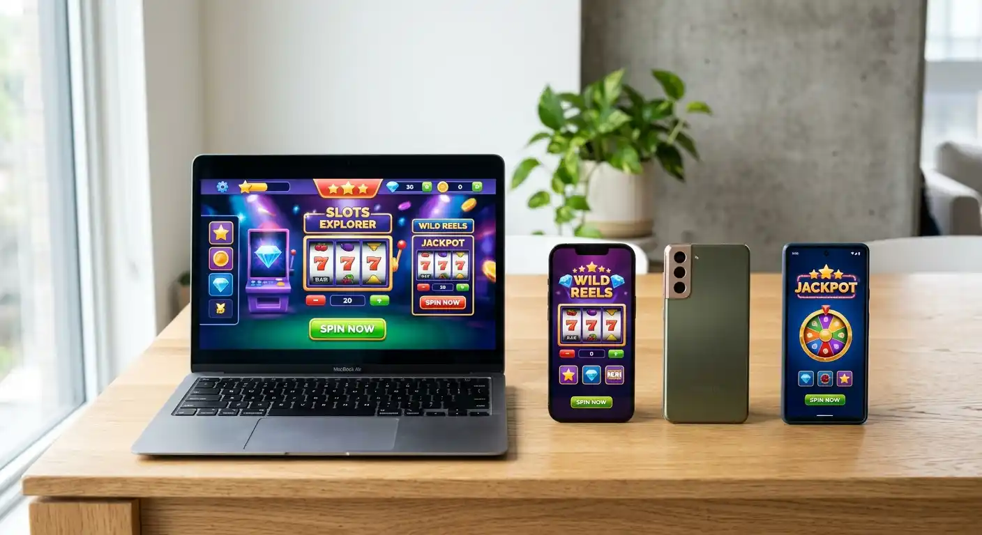 Vier internationale Casino-Marken nebeneinander auf neutralen Geräten ohne Logos